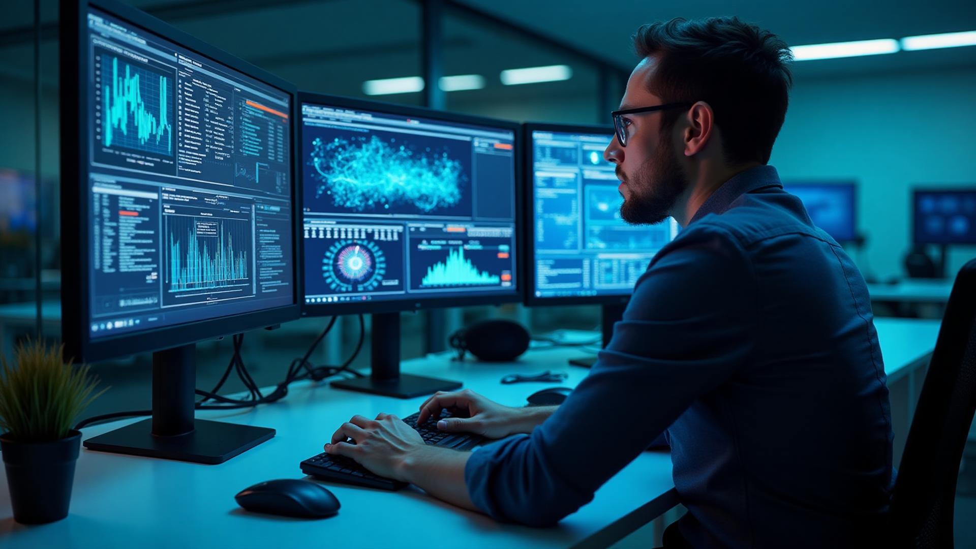 IT professional working on network security dashboard